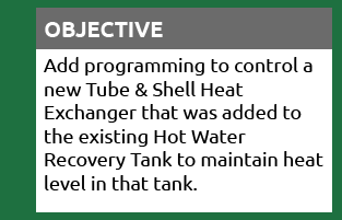 Objective: Add programming to control a new Tube & Shell Heat Exchanger that was added to the existing Hot Water Recovery Tank to maintain heat level in that tank.