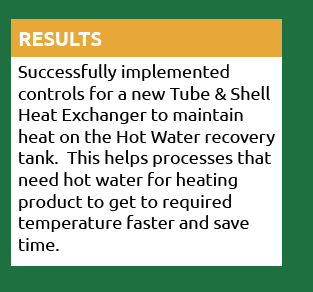Results: Successfully implemented controls for a new Tube & Shell Heat Exchanger to maintain heat on the Hot Water recovery tank. This helps processes that need hot water for heating product to get to required temperature faster and save time.